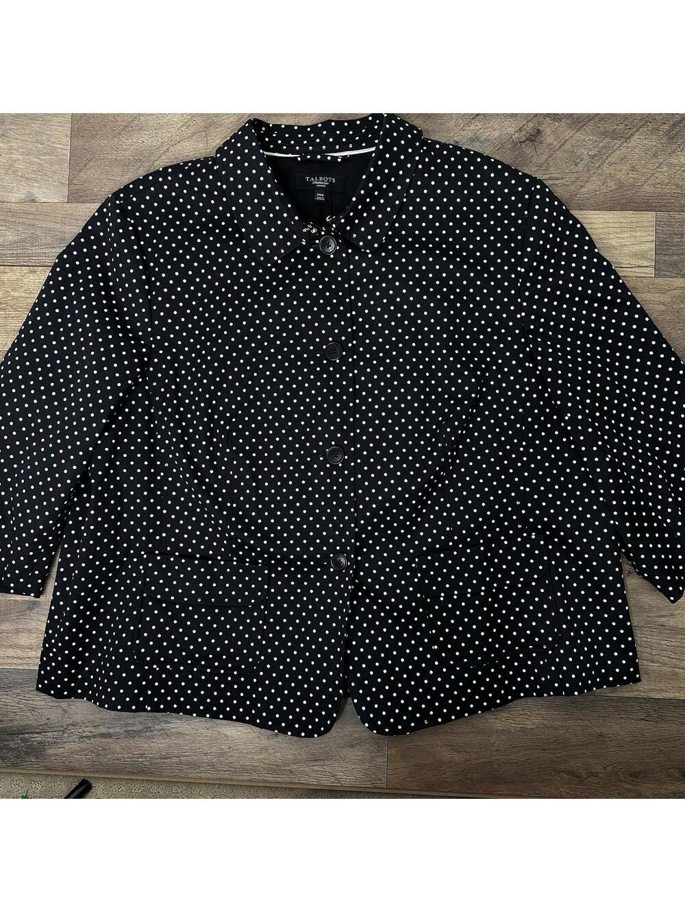 Talbots 24W Polka Dot Print Career 4 Button Blazer Jacket Black White Cotton